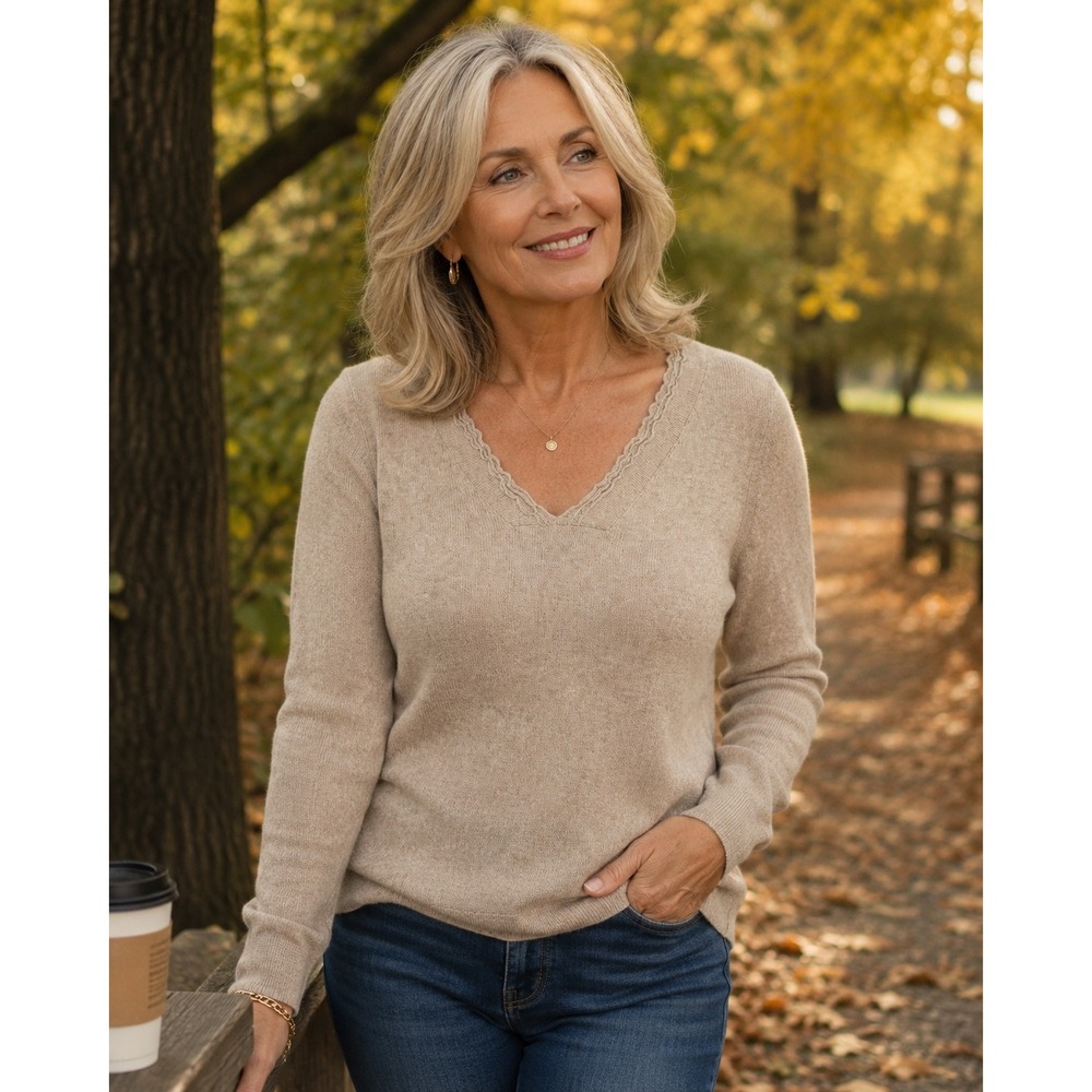 Banana Republic Sweater Women Medium Tan Wool Cashmere Ruffle V-Neck Long Sleeve